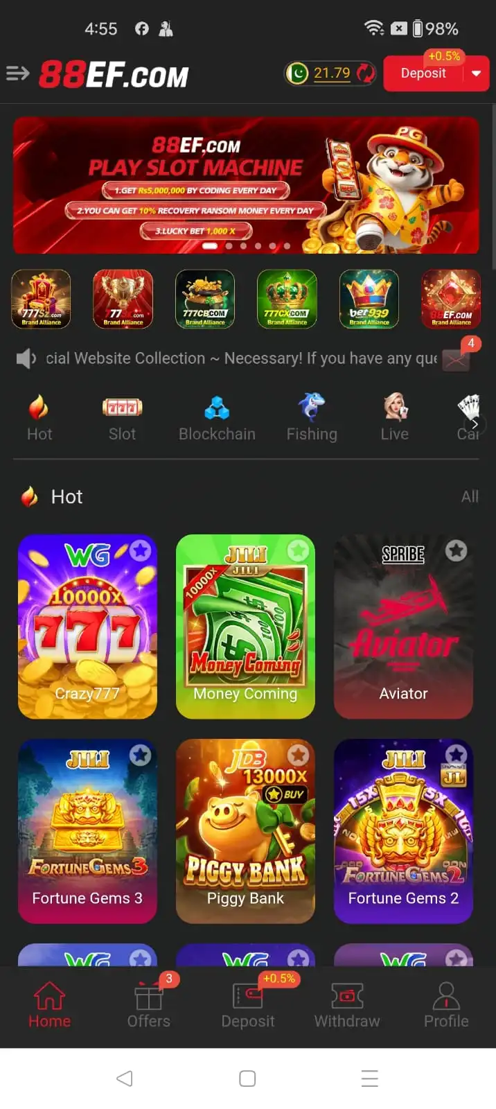 88EF Games List and Live Play Screenshot